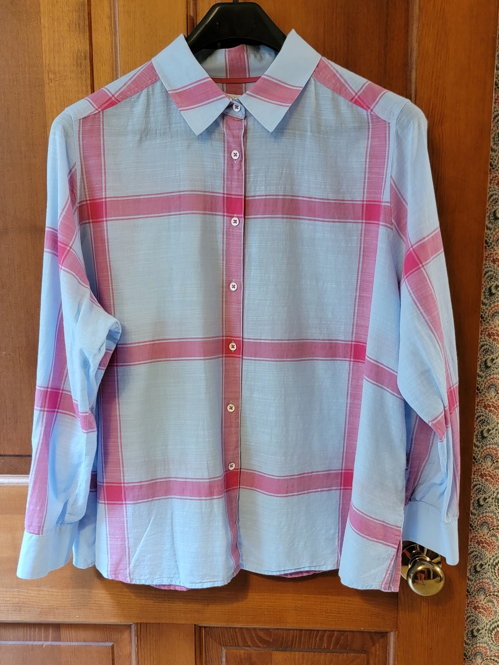 Foxcroft Plus Size 20W Blue Pink Plaid Cotton Button Down Shirt Blouse